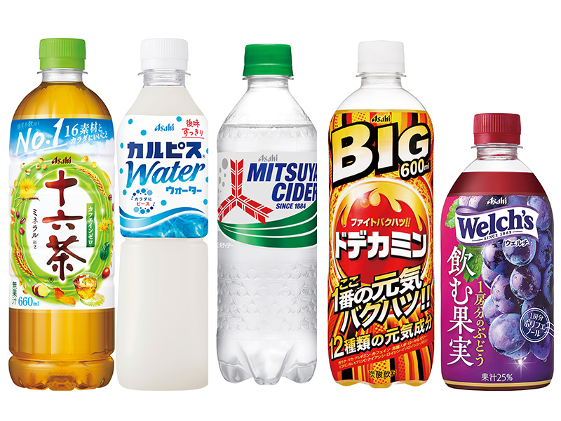 アサヒ　十六茶 660ml／アサヒ　カルピスウォーター 500ml／アサヒ　三ツ矢サイダー 500ml／アサヒ　ドデカミンBIG 600ml／アサヒ　ウェルチ1房分のぶどう 470ml