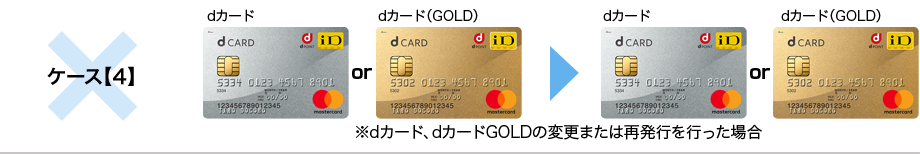 ケース【4】 dカード or dカード（GOLD） → dカード or dカード（GOLD） ※dカード、dカードGOLDの変更または再発行を行った場合