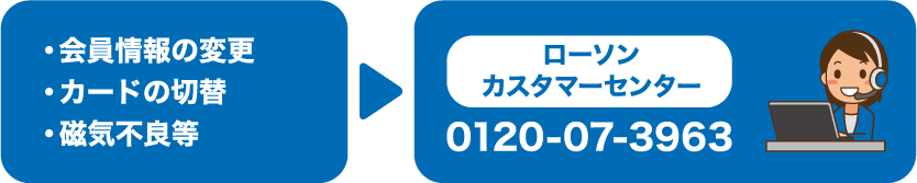 会員情報の変更や退会/磁気不良等はローソンカスタマーセンターまでご連絡ください（0120-07-3963）