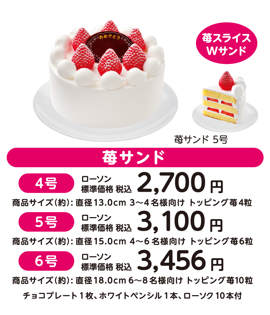 お祝いケーキ 苺サンド 5号　苺サンド 4号　ローソン標準価格 税込2,700円　商品サイズ（約）: 直径13.0cm 3～4 名様向け トッピング苺4粒　苺サンド 5号　ローソン標準価格 税込3,100円　商品サイズ（約）: 直径15.0cm 4～6 名様向け トッピング苺6粒　苺サンド 6号　ローソン標準価格 税込3,456円　商品サイズ（約）: 直径18.0cm 6～8 名様向け トッピング苺10粒　チョコプレート 1枚、ホワイトペンシル 1本、ローソク 10本付