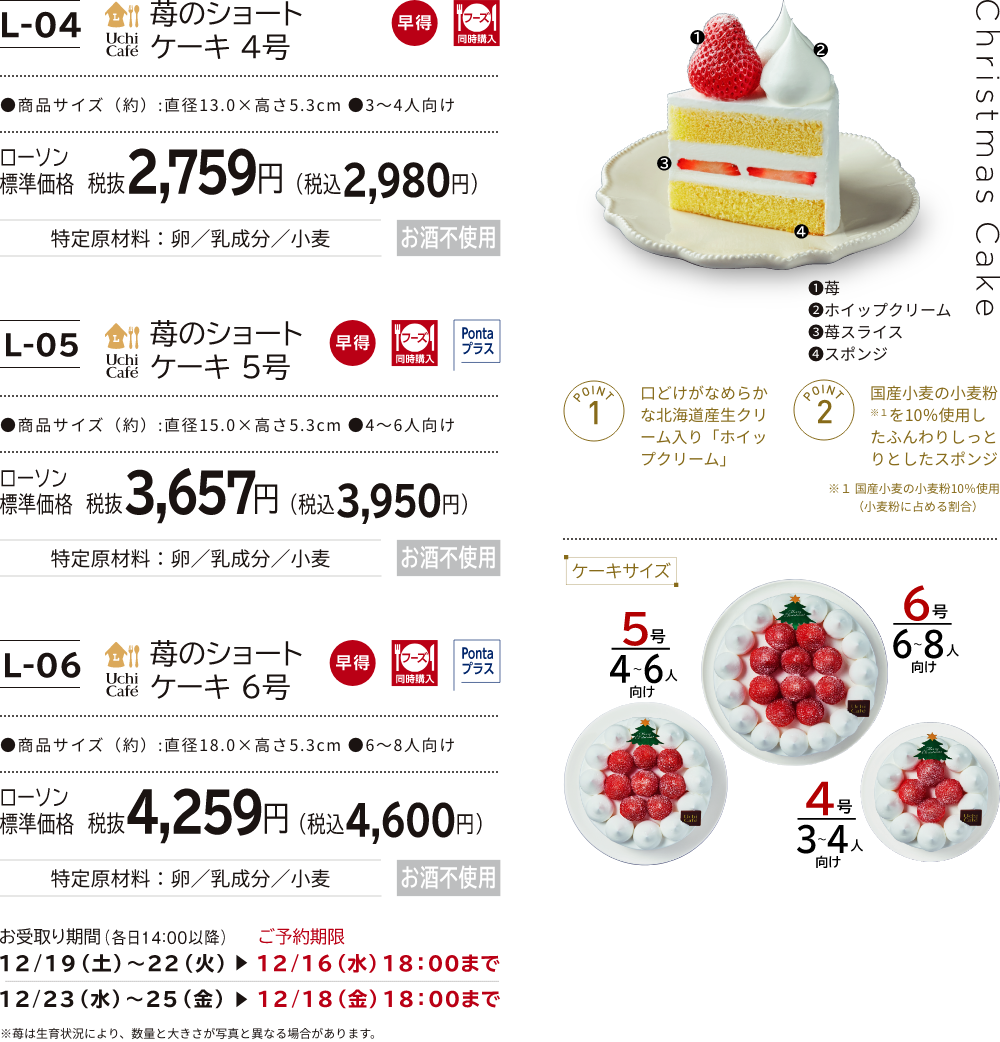 苺のショートケーキ 4号 ローソン標準価格 税抜2,759円(税込2,980円) 苺のショートケーキ 5号 ローソン標準価格 税抜3,657円(税込3,950円) 苺のショートケーキ 6号 ローソン標準価格 税抜4,259円(税込4,600円)
