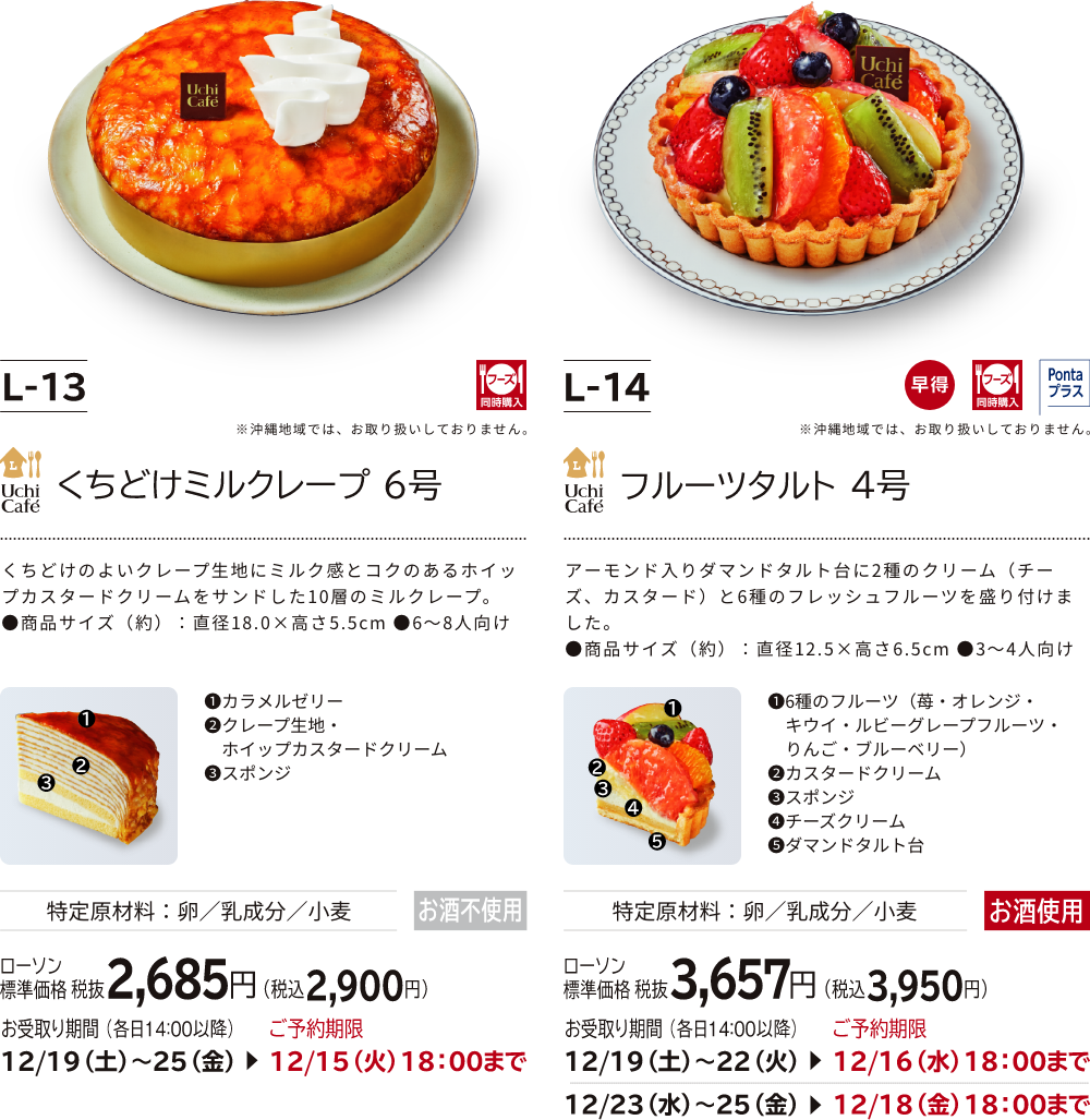 くちどけミルクレープ 6号 ローソン標準価格 税抜2,685円(税込2,900円) フルーツタルト 4号 ローソン標準価格 税抜3,657円(税込3,950円)