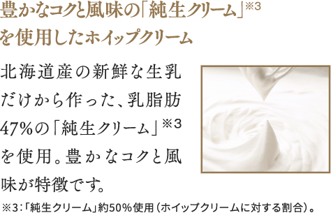 豊かなコクと風味の「純生クリーム」を使用したホイップクリーム