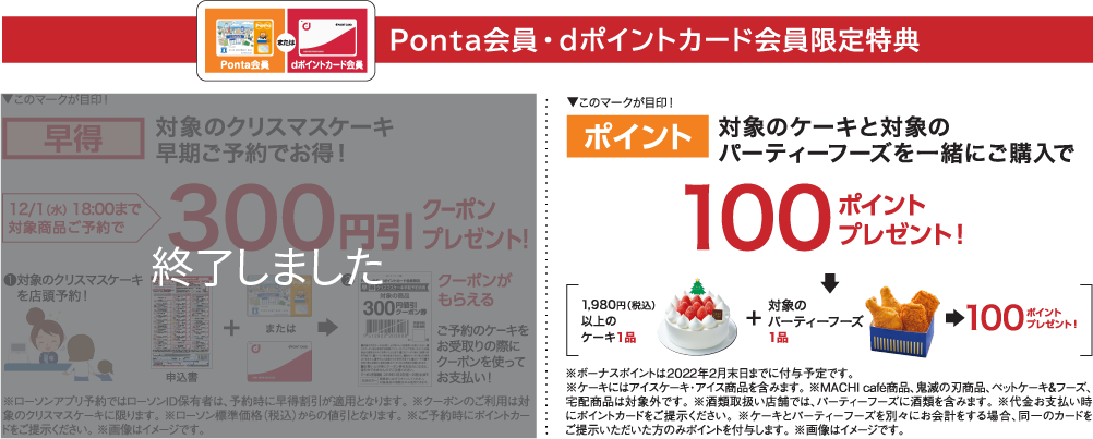 Ponta会員・dポイントカード会員限定特典 早得 対象のクリスマスケーキ 早期ご予約でお得！ 対象のケーキと対象のパーティーフーズを一緒にご購入で100ポイントプレゼント！