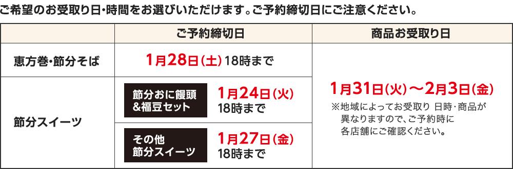 ご希望のお受取り日・時間をお選びいただけます。ご予約締切日にご注意ください。