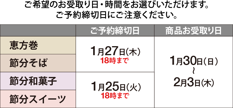 ご希望のお受取り日・時間をお選びいただけます。ご予約締切日にご注意ください。
