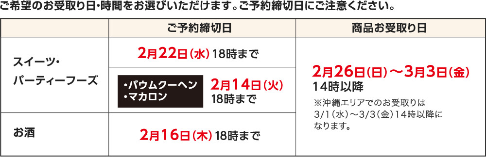 ご希望のお受取り日・時間をお選びいただけます。ご予約締切日にご注意ください。