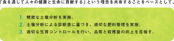 「食を通じて人々の健康と生命に貢献する」という理念を共有することをベースとして、1.精密な土壌分析を実施。 2.土壌分析による診断書に基づき、適切な肥料管理を実施。 3.適切な生育コントロールを行い、品質と収穫量の向上を目指す。