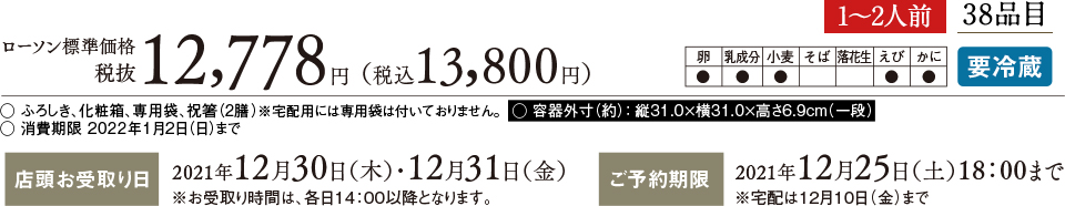 ローソン標準価格 税抜12,778円(税込 13,800円) 1〜2人前 38品目