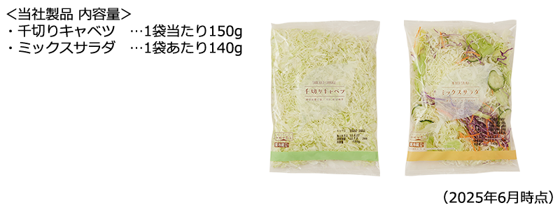 当社製品 内容量 千切りキャベツ 1袋当たり150g ミックスサラダ 1袋あたり140g（2025年6月時点）