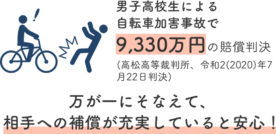 男子高校生による自転車加害事故で9,330万円の賠償判決(高松高等裁判所、令和2(2020)年7月22日判決)万が一にそなえて、相手への補償が無制限だと安心！