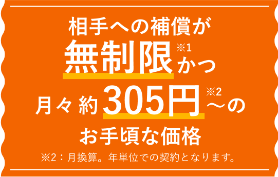 相手への補償が無制限※かつ月々 約277円＊～のお手軽な価格 ＊月換算。年単位での契約となります。