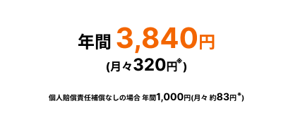 年間3,840円(月々320円※) ※個人賠償責任補償なしの場合 年間1,000円(月々約83円※)