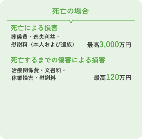 死亡の場合 死亡による損害 葬儀費・逸失利益・ 慰謝料（本人および遺族）…最高3,000万円 死亡するまでの傷害による損害 治療関係費・文書料・ 休業損害・慰謝料…最高120万円