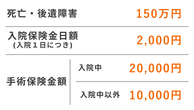死亡・後遺障害150万円 入院保険金日額(入院1日につき)2,000円 手術保険金額 入院中20,000円 入院中10,000円