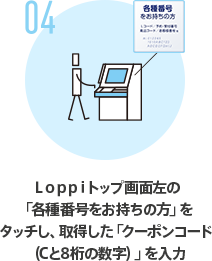 04 Ｌｏｐｐｉトップ画面左の「各種番号をお持ちの方」をタッチし、取得した「クーポンコード（Cと8桁の数字）」を入力