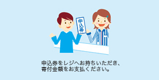 申込券をレジへお持ちいただき、寄付金額をお支払ください。