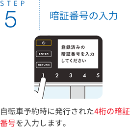 STEP5 暗証番号の入力 自転車予約時に発行された4桁の暗証番号を入力します。