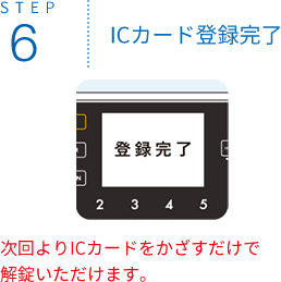 STEP6 ICカード登録完了 次回よりICカードをかざすだけで解錠いただけます。