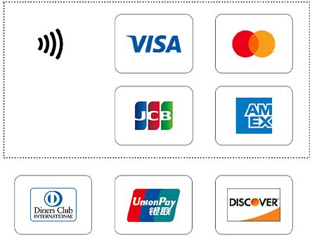 Visa, MasterCard, JCB, AMEX, Diners Club, 銀聯, DISCOVER