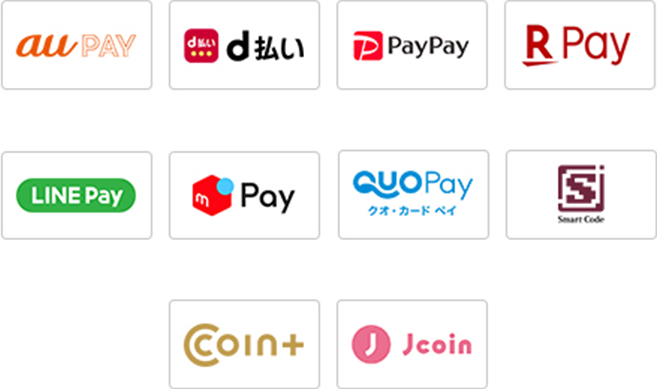 au Pay, d払い, PayPay, Rakuten Pay, LINE Pay, merpay, QUO Pay, SmartCode, coin+, Jcoin
