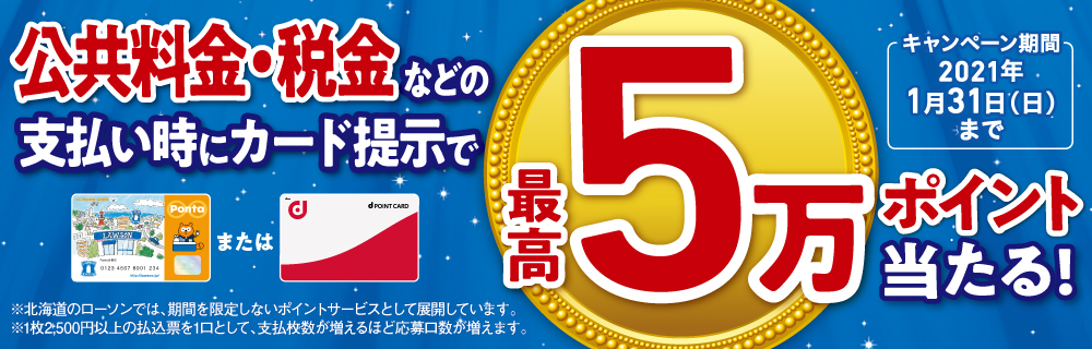 税金・公共料金など払込票での支払い時※にカード提示で最高5万ポイント当たる！ キャンペーン期間 9/1（火）～10/15（木）まで！ ※北海道のローソンでは、期間を限定しないポイントサービスとして展開しています ※1枚2,500円以上の払込票を1口として、支払い枚数が増えるほど応募口数が増えます