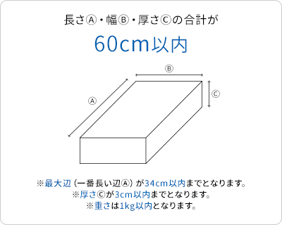 長さⒶ・幅Ⓑ・厚さⒸの合計が60cm以内 ※最大辺（一番長い辺Ⓐ）が34cm以内までとなります。※厚さⒸが3cm以内までとなります。※重さは1kg以内となります。