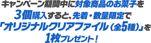 キャンペーン期間中に対象商品のお菓子を3個購入すると、先着・数量限定で「オリジナルクリアファイル（全5種）」を1枚プレゼント！