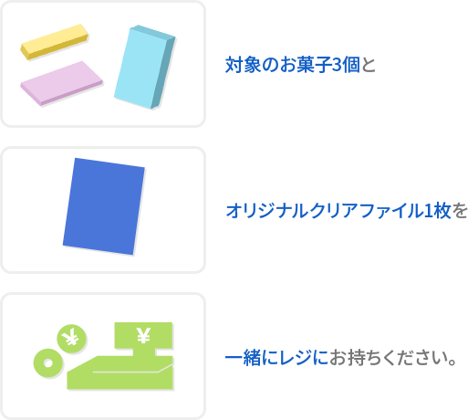 対象のお菓子3個とオリジナルクリアファイル1枚を一緒にレジにお持ちください。