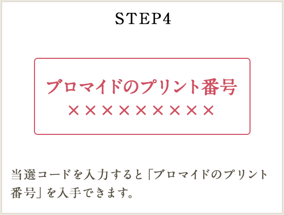 STEP4 当選コードを入力すると「ブロマイドのプリント番号」を入手できます。