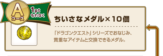 Aコース1ptもれなく ちいさなメダル×10個 「ドラゴンクエスト」シリーズでおなじみ、貴重なアイテムと交換できるメダル。