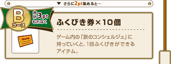 さらに2pt集めると･･･ Bコース合計3ptもれなく ふくびき券×10個 ゲーム内の「旅のコンシェルジュ」に持っていくと、1回ふくびきができるアイテム。