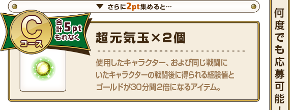 さらに2pt集めると･･･ Cコース合計5ptもれなく 超元気玉×2個 使用したキャラクター、および同じ戦闘にいたキャラクターの戦闘後に得られる経験値とゴールドが30分間2倍になるアイテム。
