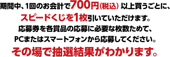 期間中、1回のお会計で700円（税込）以上買うごとに、スピードくじを1枚引いていただけます。応募券を各賞品の応募に必要な枚数ためて、PCまたはスマートフォンから応募してください。その場で抽選結果がわかります。