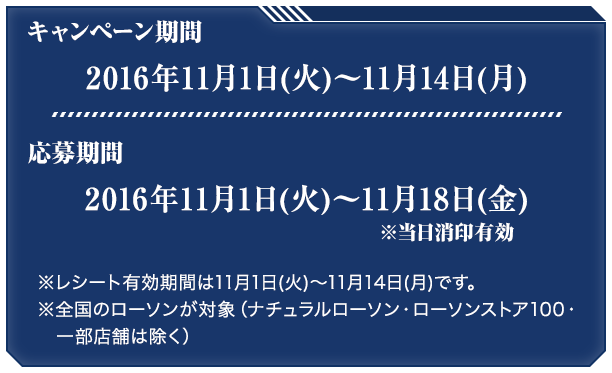 キャンペーン期間 2016年11月1日(火)〜11月14日(月) 応募期間 2016年11月1日(火)〜11月18日(金)