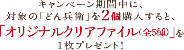 キャンペーン期間中に、対象の「どん兵衛」を2個購入すると、「オリジナルクリアファイル(全5種)」を1枚プレゼント！