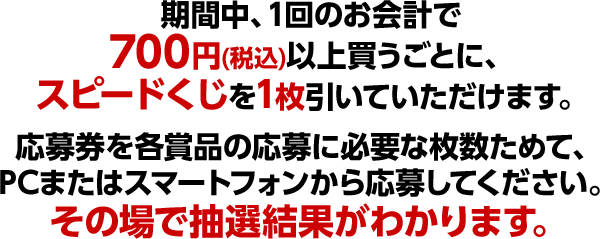 期間中、1回のお会計で700円(税込)以上買うごとに、スピードくじを1枚引いていただけます。応募券を各賞品の応募に必要な枚数ためて、PCまたはスマートフォンから応募してください。その場で抽選結果がわかります。