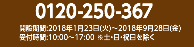 0120-250-367　開設期間:2018年1月23日(火)〜2018年9月28日(金) 受付時間:10:00〜17:00 ※土・日・祝日を除く