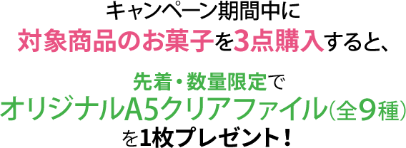 キャンペーン期間中に対象商品のお菓子を3点購入すると、先着・数量限定でオリジナルA5クリアファイル（全9種）を1枚プレゼント！