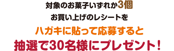 対象のお菓子いずれか3個お買い上げのレシートをハガキに貼って応募すると抽選で30名様にプレゼント！