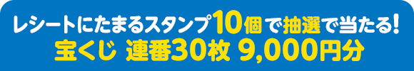 レシートにたまるスタンプ10個で抽選で当たる！ 宝くじ 連番30枚 9,000円分