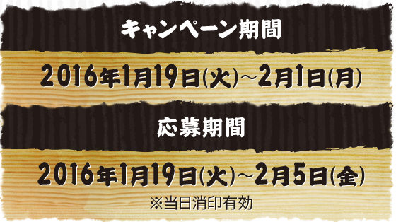キャンペーン期間 2016年1月19日(火)〜2月1日(月) 応募期間 2016年1月19日(火)〜2月5日(金)※当日消印有効