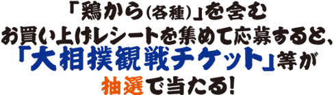 「鶏から（各種）」を含むお買い上げレシートを集めて応募すると、「大相撲観戦チケット」等が抽選で当たる！