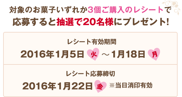 対象のお菓⼦いずれか3個ご購入のレシートで応募すると抽選で20名様にプレゼント! レシート有効期間:2016年1月5日(火)〜1月18日(月) レシート応募締切:2016年1月22日(金)※当日消印有効
