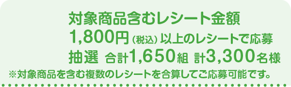 対象商品含むレシート金額 合計1,800円（税込）以上で応募 抽選 合計1,650組 計3,300名様 ※対象商品を含む複数のレシートを合算してご応募可能です。