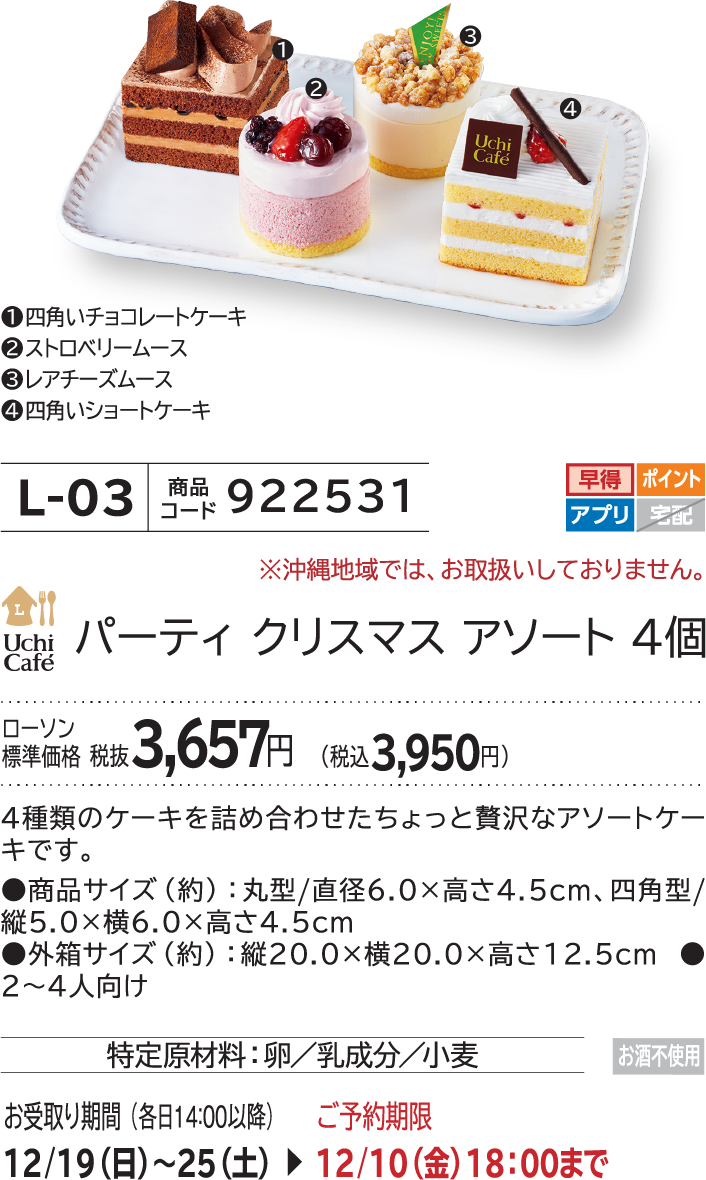 パーティ クリスマス アソート 4個 ローソン標準価格 税抜3,657円(税込3,950円)