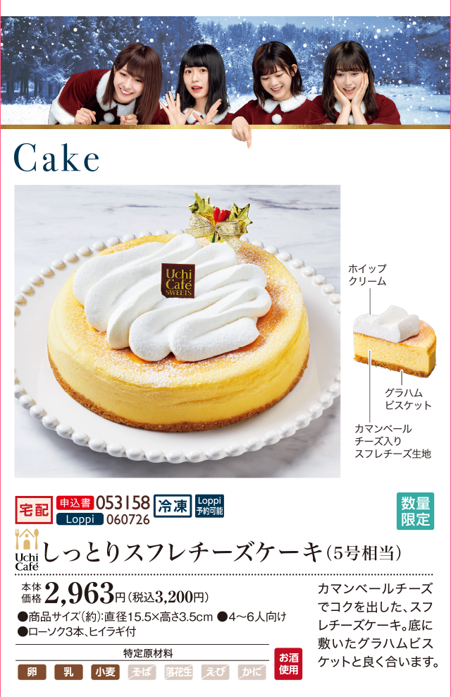 しっとりスフレチーズケーキ(5号相当) 本体価格 2,963円(税込3,200円)