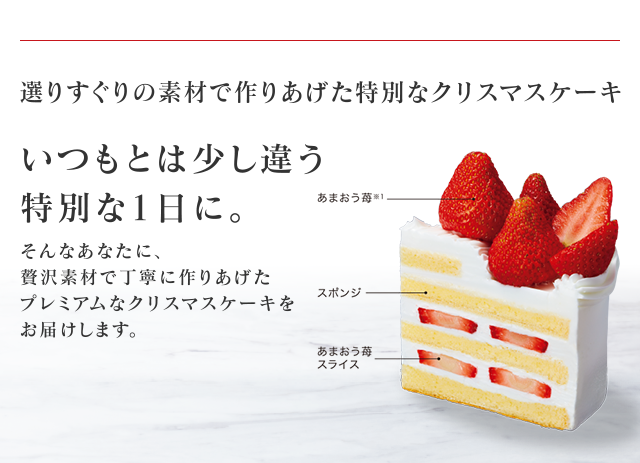 選りすぐりの素材で作り上げた特別なクリスマスケーキ いつもとは少し違う特別な1日に。 そんなあなたに、贅沢素材で丁寧に作り上げたプレミアムなクリスマスケーキをお届けします。