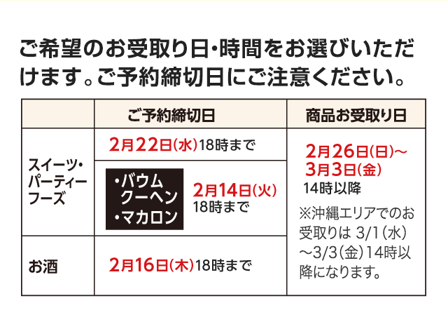 ご希望のお受取り日・時間をお選びいただけます。ご予約締切日にご注意ください。