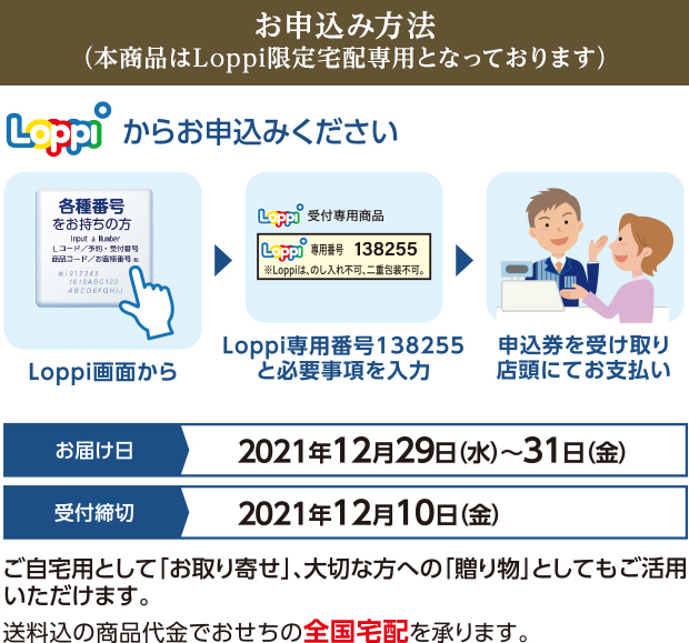 お申込み方法（本商品はLoppi限定宅配専用となっております）　Loppi画面からLoppi専用番号138255と必要事項を入力、申込券を受け取り店頭にてお支払い。［お届け日］2021年12月29日(水)〜31日(金)［受付締切］2021年12月10日(金)ご自宅用として「お取り寄せ」、大切な方への「贈り物」としてもご活用いただけます。送料込の商品代金でおせちの全国宅配を承ります。